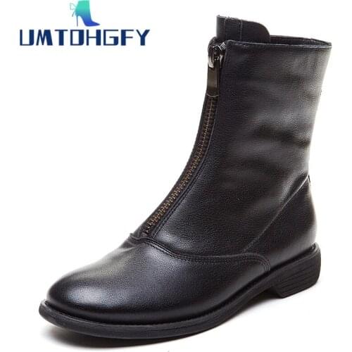 REVT Autumn Womens Boots Genuine Leather Flap Trend Front Zipper Ladies Shoes Boots Low Heel Ankle Boots Women Black White HOT