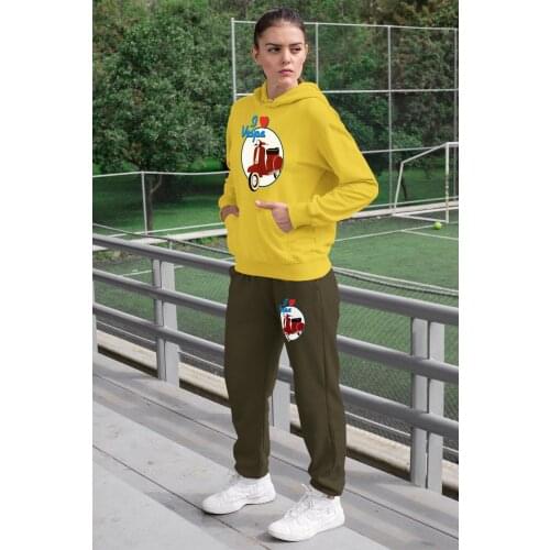 Angemiel Wear I Love Vespa Womens Sweat Suits Yellow Hooded Sweatshirt Green Sweatpants