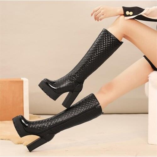 PXELENA Plus Size 34-43 Women Winter Knee High Boots Platform Block Chunky High Heels Punk Rock Gothic Motorcycle Boots Shoes
