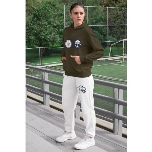 Angemiel Wear Bicycle Tekerinde Compass Mountain Women 'S Tracksuit Set Green Hooded Sweatshirt White Sweatpants