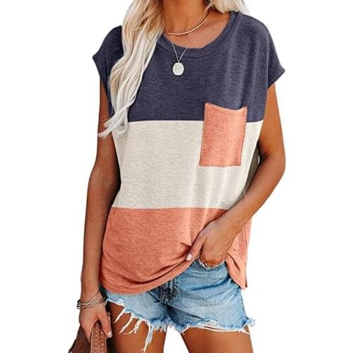 2021 Women Summer Fashion O-Neck Stitching Top Short Sleeve Patchwork Color Pocket T-Shirt Casual Loose Comfortable Daily Tops