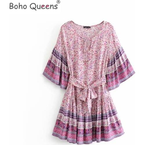 Boho Queens pink Floral Print Sashes pleated Mini Dress ladies batwing Sleeve V Neck Beach bohemian Dresses Vestidos Mujer
