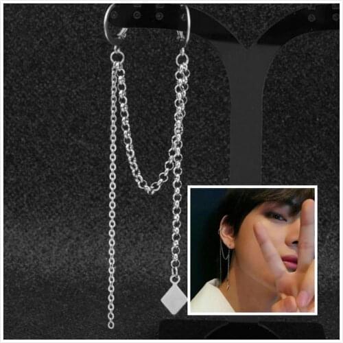 1 pc KPOP Idol same bangtan boys V Stud Earring Punk Ear Bone Chain Earring Hip Hop Square Pendant Jewelry For Men Women Brincos