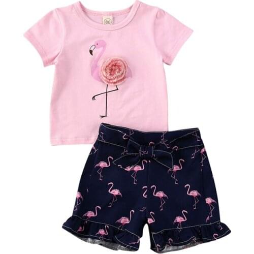 2020 Summer Toddler Kid Baby Girls Short Sleeve Flamingos Tops T Shirt Blue Bowknot Short Pants Outfit Clothes Set 2PCS