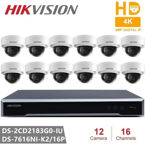 Hikvision 8MP 4K WDR Fixed Dome Network Camera DS-2CD2183G0-IU Built-in Microphone for Real-time Audio Security 16CH 16POE NVR
