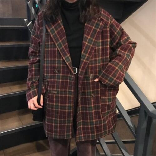 Korean ulzzang loose plaid woolen coat female autumn new ins Harajuku vintage fashion suit collar button casual womens jacket