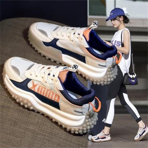 Fashion Genuine Leather + Mesh Breathable Women Casual Shoes Ladies Platform Sneakers Non-slip GYM Shoes Lace Up Sports Trainers