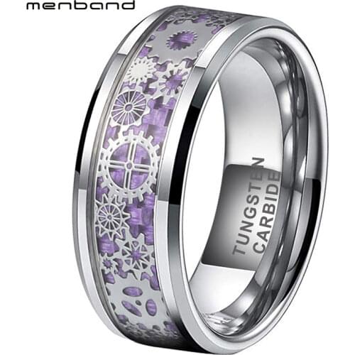 Nice Couple Ring Tungsten Wedding Band Gear Ring With Mechanical Gear Wheel And Purple Carbon Fiber Inlay 6MM 8MM Comfort Fit