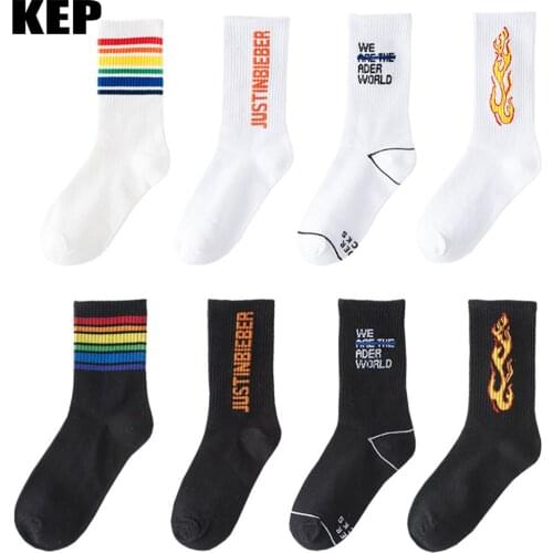 Fashion Harajuku Unisex Street Fashion Cotton Women Socks Men Skateboard Fire Hip Hop Funny Designed Winter Street Trend Socks