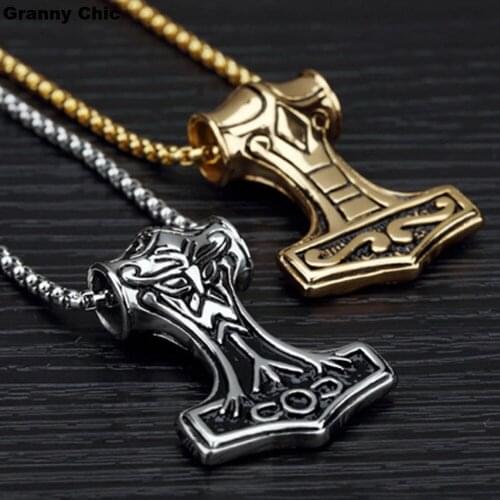 Granny Chic Mens Jewelry Hot Sell Silver/Gold Stainless Steel Mjolnir Thors Hammer Pendant Free Box Necklace