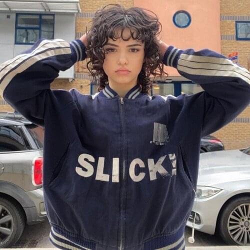 B-TOTO American Retro Dark Blue Letters Baseball Uniform Female Tide Ins Spring And Autumn Thin Jacket 2021 New