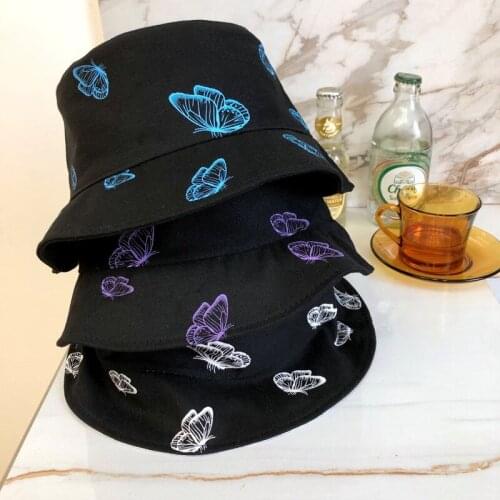 Butterfly Double Sided Embroidery Autumn Winter Bucket Hat Foldable Sun Hat Cap Hip Hop Fishing Cap Outdoor Hat Gift