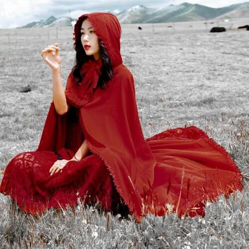 Red shawl cloak hooded autumn winter new net red Tibet desert travel photo clothes wizard hat clothing jacket women s457