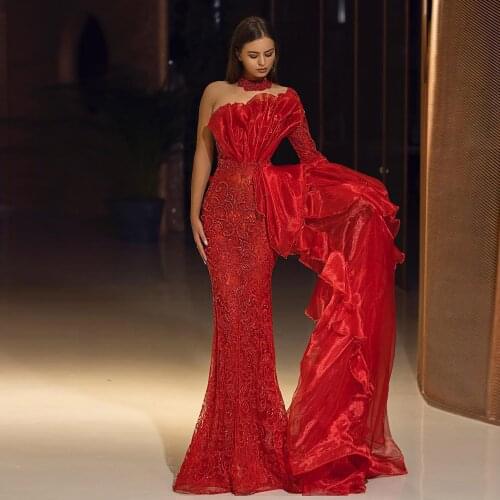 Attractive Red Lace Mermaid Evening Dresses With Wrap Skirt One Shoulder Beaded Long Bridal Prom Dress Unique Neckline Prom Gown