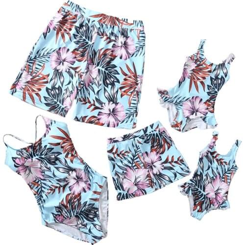 Flower and Leaf Printed Family Matching Swimwear Mom Daughter Bikini Set Father Son Beach Shorts Baby Boys Girls Swimsuit