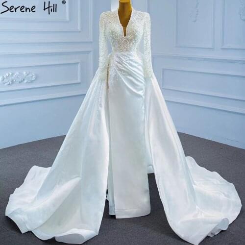 Serene Hill White Muslim With Train Wedding Dresses 2021 Mermaid Elegant Pearls Luxury Bridal Dress HM67251 Custom Made