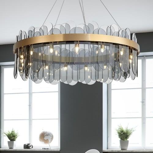 Nordic Postmodern Fashion Simple Creative American Light Luxury Round Chandelier Living Room And Bedroom Grey Glass Lamp