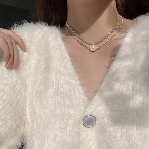 European and American Light Luxury Fashion Necklace with Rhinestones Wide Side Double Pearl Clavicle Chain