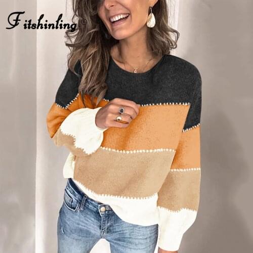 Fitshinling Vintage Women Sweaters And Pullovers Knitwear Patchwork Slim Winter Tops Fashion Boho Knitted Jumper Basic Sweater