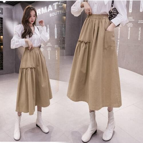 2021 New Spring Korean Fashion Women Elastic High Waist Fit A-line Skirts Simple Solid Vintage Slim Long Skirts for Student Z234