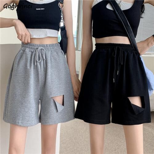 M-4XL Oversize Shorts Women Hole Lady Breathable Pure Summer Simple BF Streetwear Drawstring Student Friend Ulzzang Couple Basic