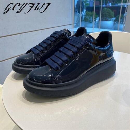 Patent Leather Women Sneakers Lace-Up Round Toe Shallow Height Increasing Women Shoes Flat Platform Office Lady Chaussure Femme