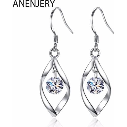 ANENJERY 925 Sterling Silver pendientes Zircon Twist Drop Earrings For Women oorbellen boucle d'oreille femme S-E312