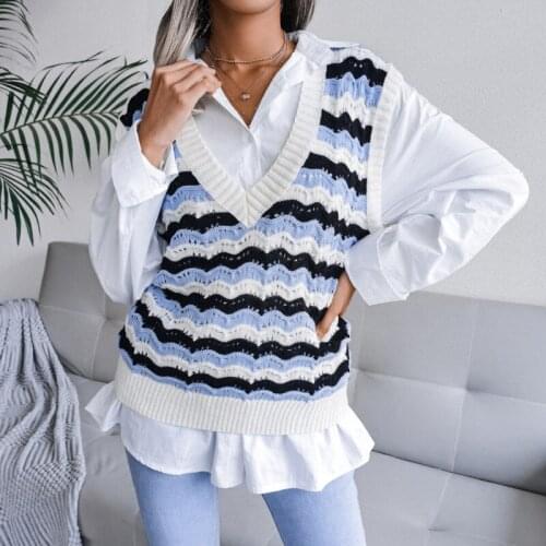 Casual Vest Knitted Pullover Tops Women Wave Striped Sleeveless Loose Sweater Vest 2021 Fashion V-neck Knitted Sweater Pullover