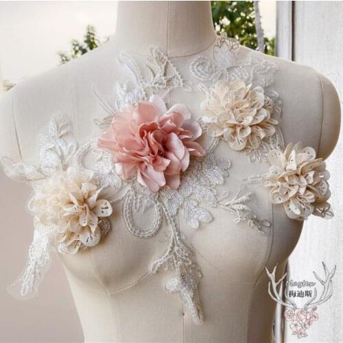 1 Piece 26*21cm Embroidery 3D Tulle Lace Neckline Bead Applique Lace Collar Trim DIY Dress Craft Material Accessories