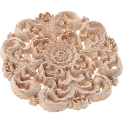 2Pcs Unpainted Round Flower Pattern Wood Carved Applique Frame Onlay Cabinet Furniture Decoration