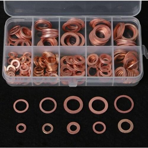 200PCS M5-M14 Copper Washer Gasket Set Flat Ring Seal Kit With Storage Box Case