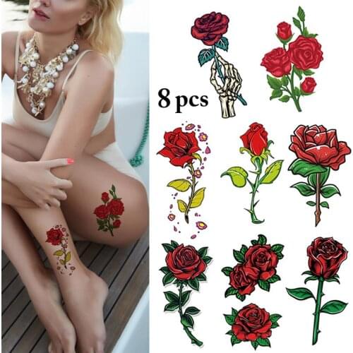 8 Sheets Kapmore Rose Tattoo Sticker Flower Water Transfer Temporary Tattoo Body Sticker Women Girls Sexy Temporary Tattoos