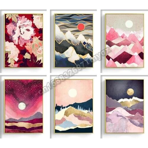 5D diy diamond painting Japanese cherry blossom landscape full diamond inlaid pink sunrise mountain cross stitch kit home decor
