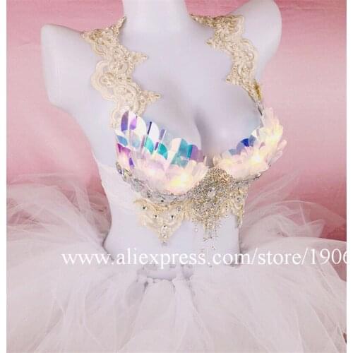 White Led Luminous Sexy Lady Party Bra Tutu Dress Led Light Up Dance Team Suit Clothes DJ Led Festival Music Ballroom Costume