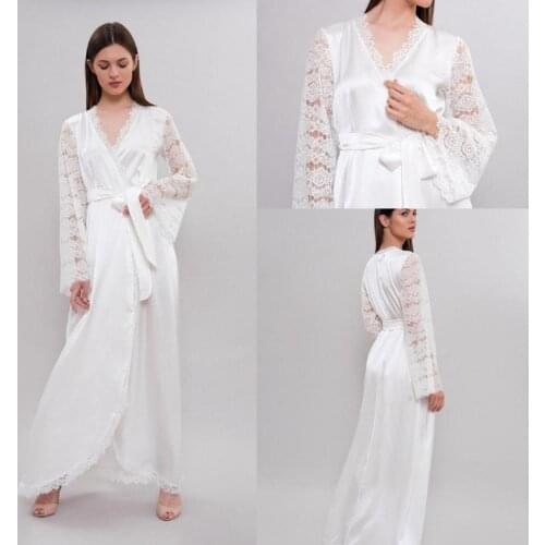 White Lace Bathrobe Women Floor Length Lingerie Nightgowns Pajamas Sleepwear Womens Luxury Gowns Housecoat Nightwear