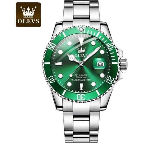 OLEVS Luxury Mens Automatic Watches Fashion Mechanical Watch Man Waterproof Sports Clock Male Wristwatch Green Water Ghost Gift