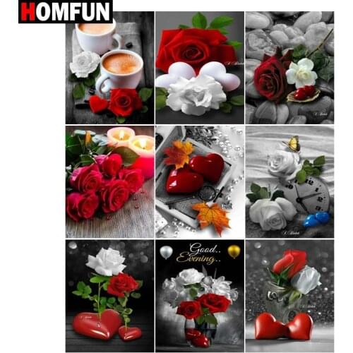 HOMFUN Paint With Diamond Embroidery "Red rose flower" Diamond Painting Full Square Round Picture Of Rhinestone Decor