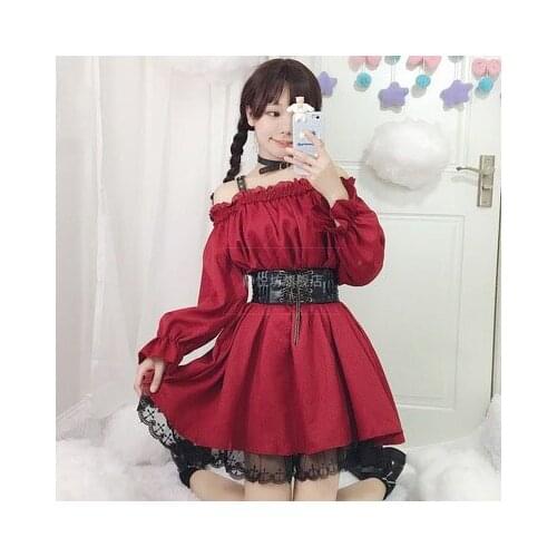 Kawaii Japanese Red Maid Outfit Summer Women Goth Dress Sweet Gothic Lolita Halloween Lolia Cosplay for Girl