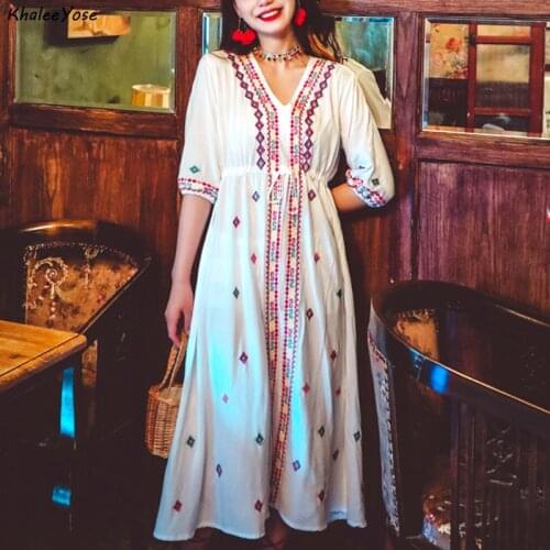 Khalee Yose Bohemian Floral Embroidery Dress Vintage Ethnic Chic Summer Holiday Women Dresses Sexy Female Ladies Beach Dress