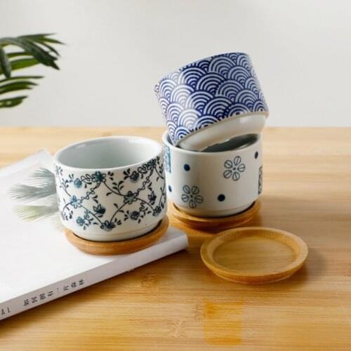 Chinese Style Ceramic Flower Pot Succulent Flower Pot With Bamboo Desktop Stand Decorative Small Flower Pot For Home Office