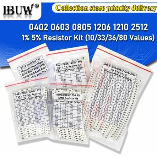200PCS 660PCS 720PCS 4000PCS 0402 0603 0805 1206 1210 2512 SMD Resistor Kit igmopnrq Assorted Kit 10K 100K 1K 1R 100R 220R 1% 5