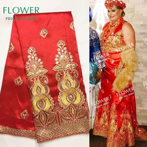 Red African George Lace Fabrics With 2 Yards Net Blouse Sequined Embroidered Nigerian Indian Sequns George Laces For Bride Laces