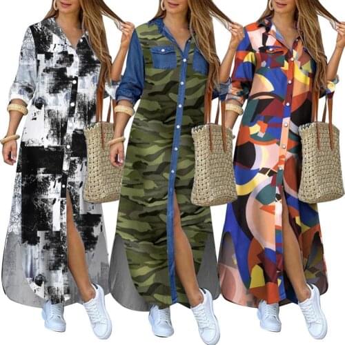 Fashion Women Long Sleeve Slitting Hem Pockets Single-breasted Maxi Shirt Dress Dresses Woman Summer 2021