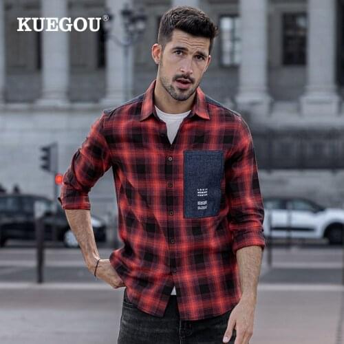 KUEGOU 100% cotton autumn mens shirt long sleeve plaid shirt spring fashion clothes top plus size BC-6987