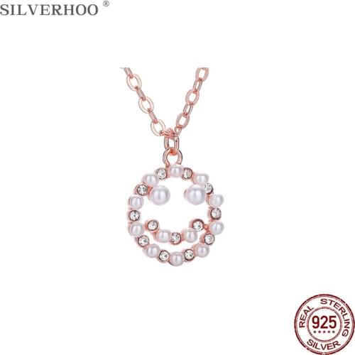 SILVERHOO 925 Sterling Silver Cute Smiley Pendant Necklaces For Women Shiny Zircon Pearl Necklace Charms Valentines Day Jewelry