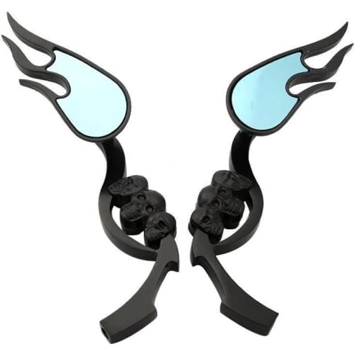 A PAIR OF MOTORCYCLE BLACK FLAME SKULL REARVIEW MIRRORS FOR HARLEY MOTORCYCLE CRUISER CHOPPER XL