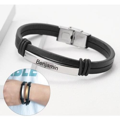 Personalized Stainless Steel Charm name Bracelet Custom Men Leather Bracelets Names Beads Gift for Boyfriend Accessories Jewelry