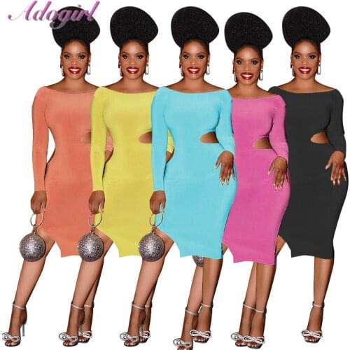 Casual Solid Off Shoulder Long Sleeve Split On Midi Dress Women 2021 Sexy Hollow Out Backless Party Club Dresses Outfit Vestidos