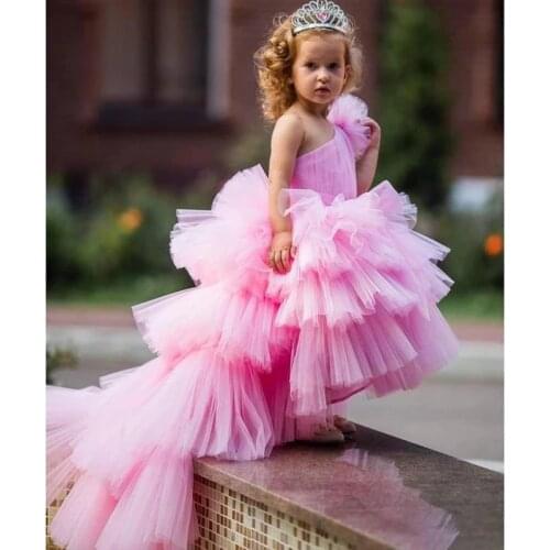 One Shoulder Pink Pleated Tulle Girl Dresses Baby Toddler Birthday Party Pageant Gown