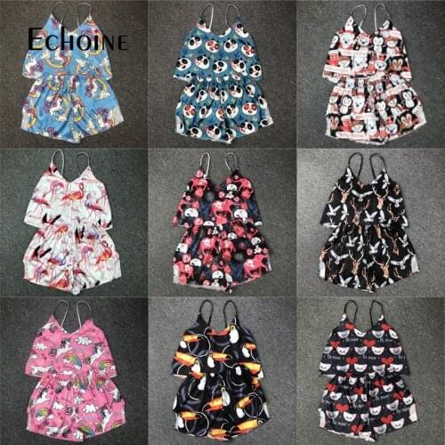 Echoine Sexy animal print Pijamas Pj Sets Women kawaii Two Piece Set Sleeveless Crop Top Corset Satin Pajamas Home Clothes